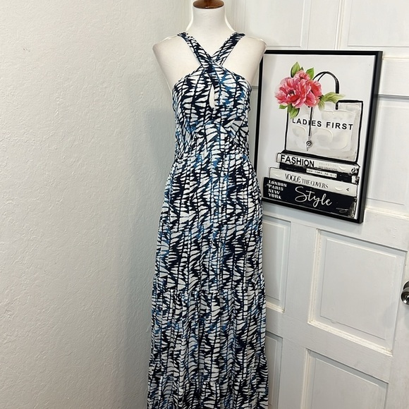 Amour Vert Navy & White Silk Maxi Dress Size S - Picture 1 of 9